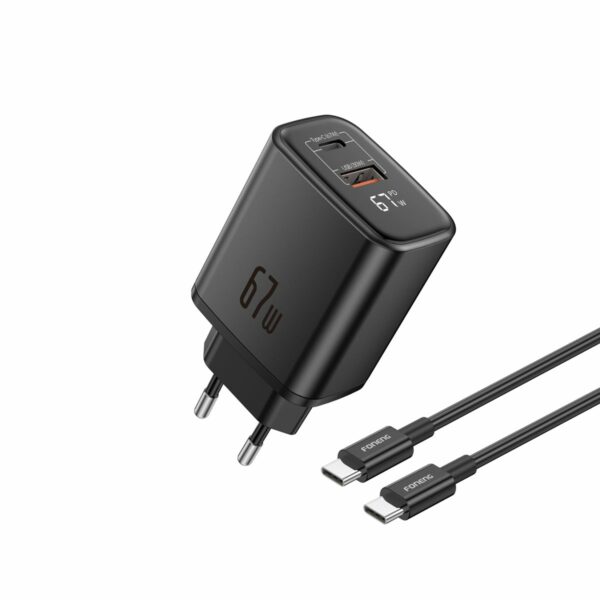 FONENG wall charger with a display MAX30-EU GaN PD 67W 1xUSB-C + 1xUSB QC3.0 + cable USB-C - USB-C Black