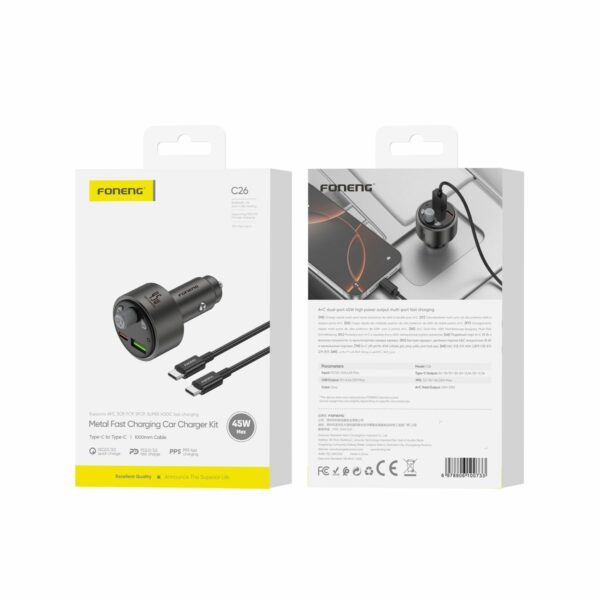 FONENG transmitter FM C26 PD 45W 1xUSB-C + 1xUSB QC3.0 + cable USB-C - USB-C Black