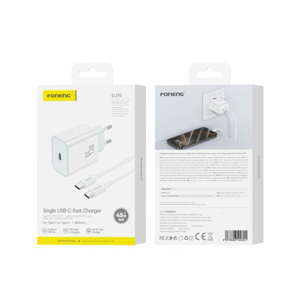 FONENG wall charger EU75 GaN PD 45W 1xUSB-C + cable USB-C - USB-C White