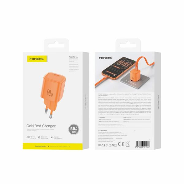 FONENG wall charger MAX40-EU GaN PD 60W 1xUSB-C Orange