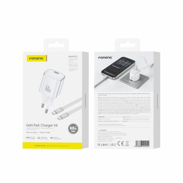 FONENG wall charger MAX40-EU GaN PD 60W 1xUSB-C + cable USB-C - USB-C White