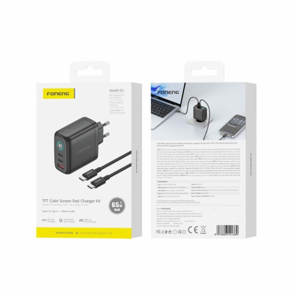 FONENG wall charger with a display TFT MAX60-EU GaN PD 65W 2xUSB-C + 1xUSB QC3.0 + cable USB-C - USB-C Black