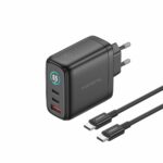 FONENG wall charger with a display TFT MAX60-EU GaN PD 65W 2xUSB-C + 1xUSB QC3.0 + cable USB-C - USB-C Black