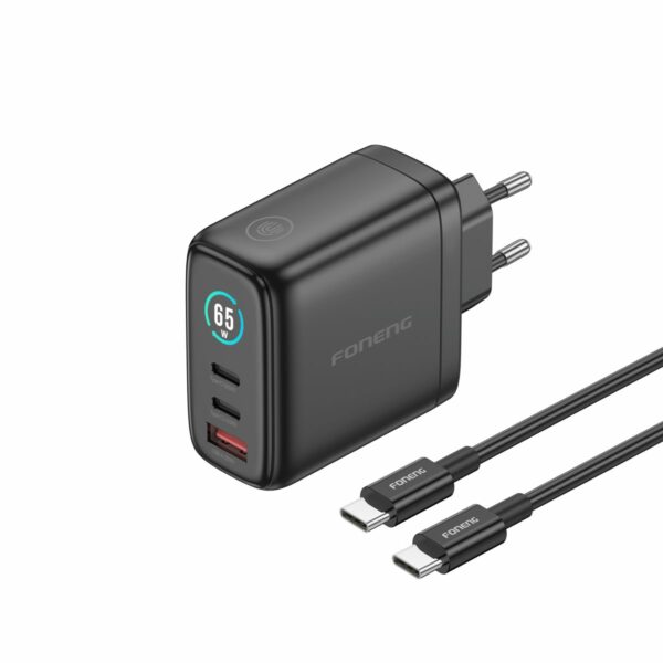 FONENG wall charger with a display TFT MAX60-EU GaN PD 65W 2xUSB-C + 1xUSB QC3.0 + cable USB-C - USB-C Black