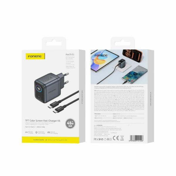FONENG wall charger with a display TFT MAX70-EU GaN PD 45W 1xUSB-C + cable USB-C - USB-C Black