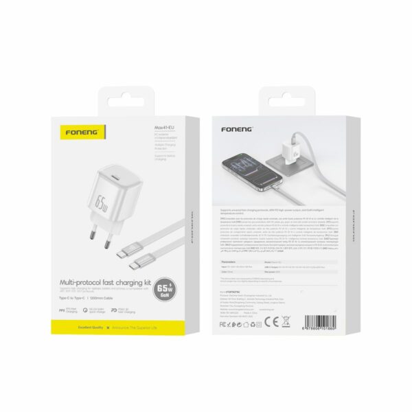 FONENG wall charger MAX41-EU GaN PD 65W 1xUSB-C + cable USB-C - USB-C White