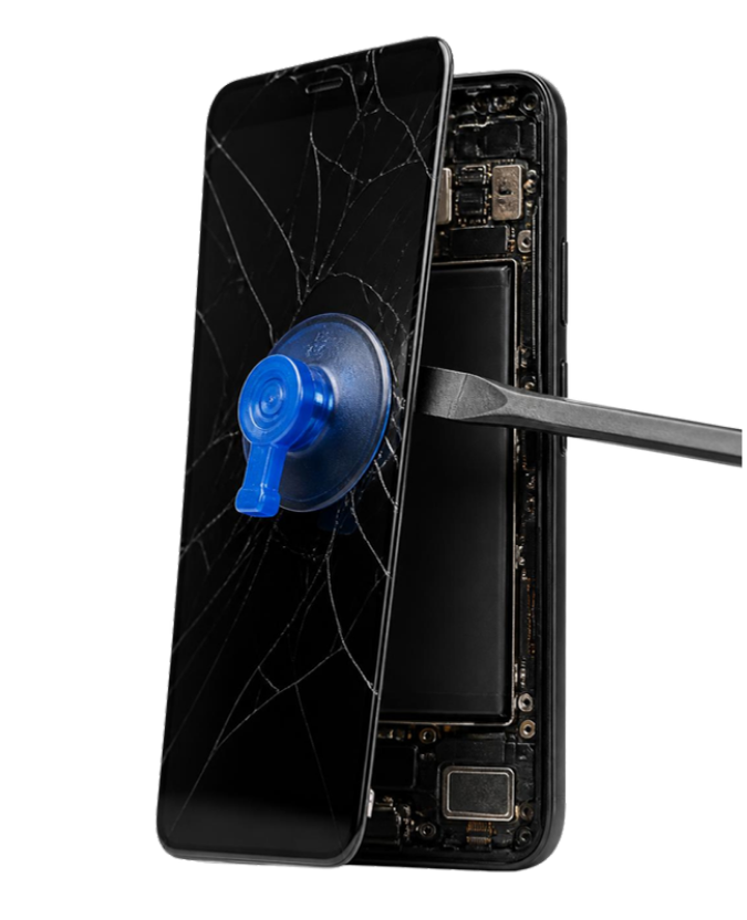 Smartphone à la vitre fissurée soulevée à la ventouse pendant sa réparation